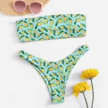 Romwe Banana & Palm Print Bandeau With Cheeky Bikini
