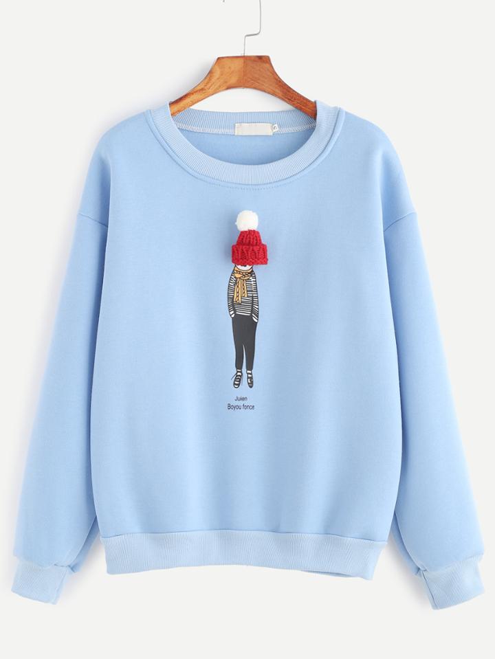 Romwe Sky Blue Cartoon Print Pom-pom Hat Embellished Sweatshirt