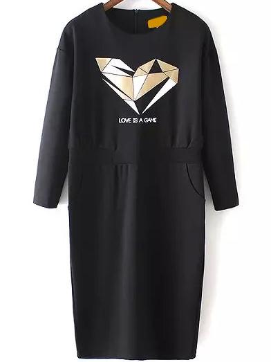 Romwe Round Neck Letter Print Slit Dress