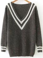 Romwe Striped V Neck Ribbed Trim Loose Sweater