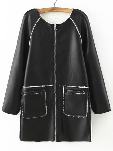 Romwe Black Seam Reversible Zipper Pu Coat