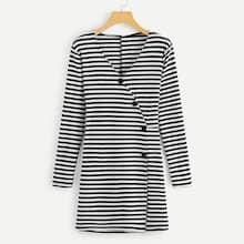 Romwe Striped Button Through Wrap Dress