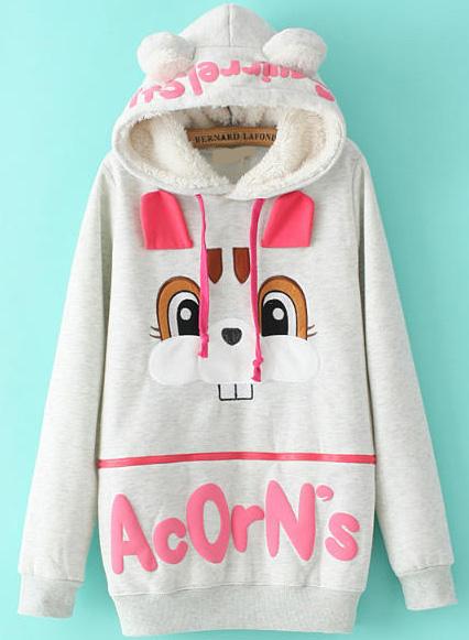 Romwe Hooded Rabbit Pattern Grey Sweatshirt