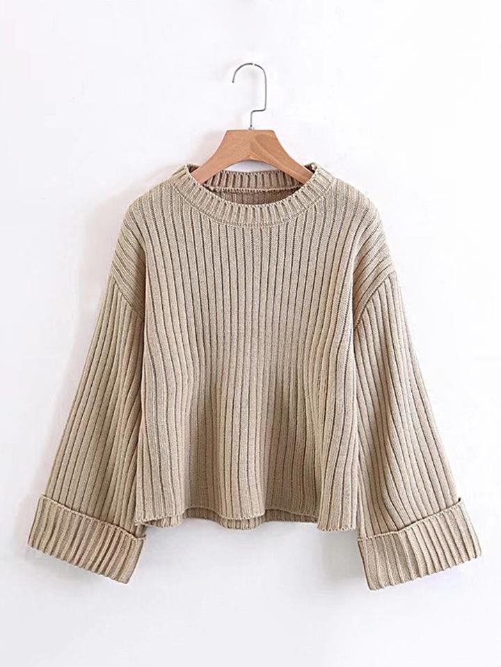 Romwe Rib Knit Cuffed Sweater