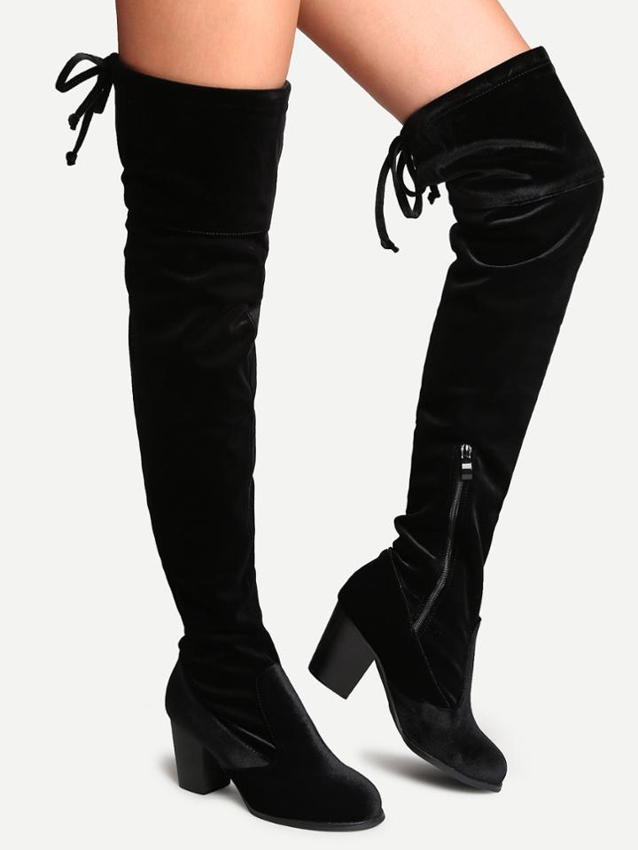 Romwe Black Velvet Almond Toe Tie Back Thigh High Boots