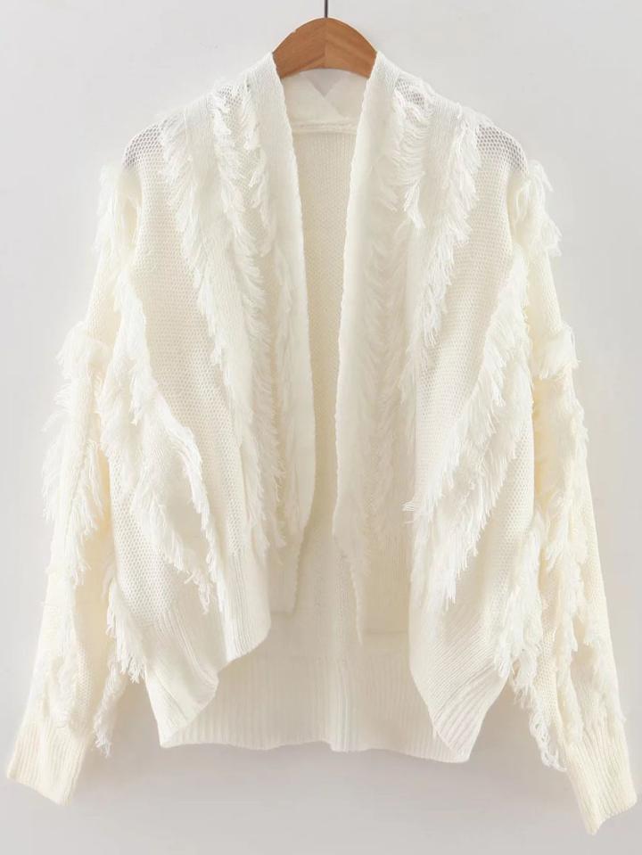 Romwe White Fringe Detail Open Front Cardigan