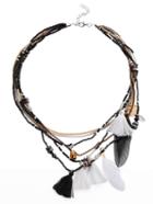 Romwe Black And White Tassel Feather Layered Beaded Necklace