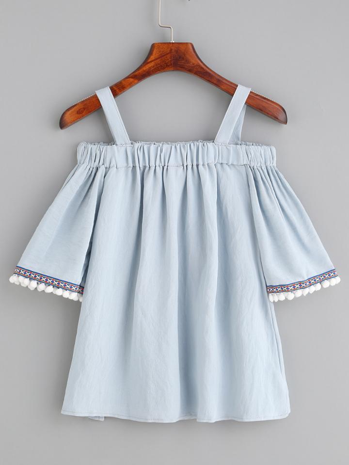 Romwe Blue Cold Shoulder Embroidered Tape Detail Blouse