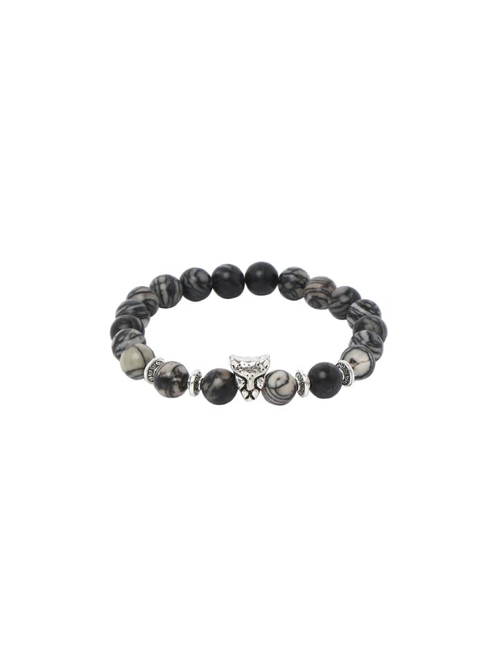 Romwe Black White Network Stone Beaded Leopard Head Stretch Charm Bracelet