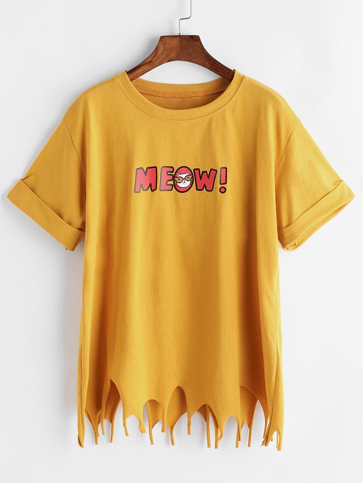 Romwe Cuffed Sleeve Graphic Print Asymmetric Raw Hem Tee