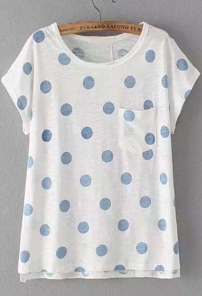 Romwe With Pocket Polka Dot Blue T-shirt