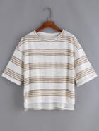Romwe Dip Hem Striped Khaki T-shirt