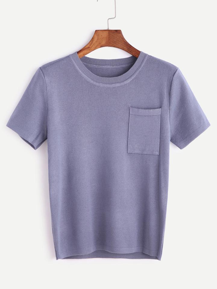 Romwe Blue Knit Short Sleeve Pocket T-shirt