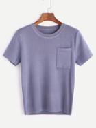 Romwe Blue Knit Short Sleeve Pocket T-shirt