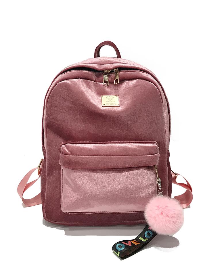 Romwe Pocket Front Velvet Backpack With Pom Pom