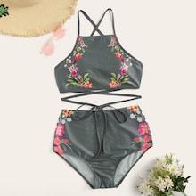 Romwe Criss Cross Floral Top With High Waist Bikini