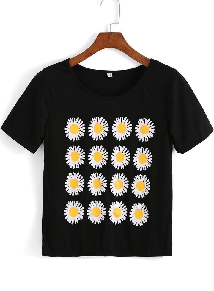 Romwe Black Short Sleeve Daisy Print T-shirt