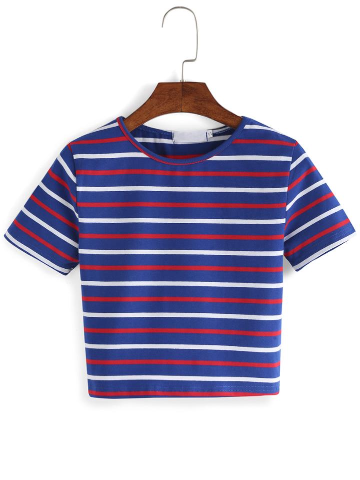Romwe Striped Crop T-shirt