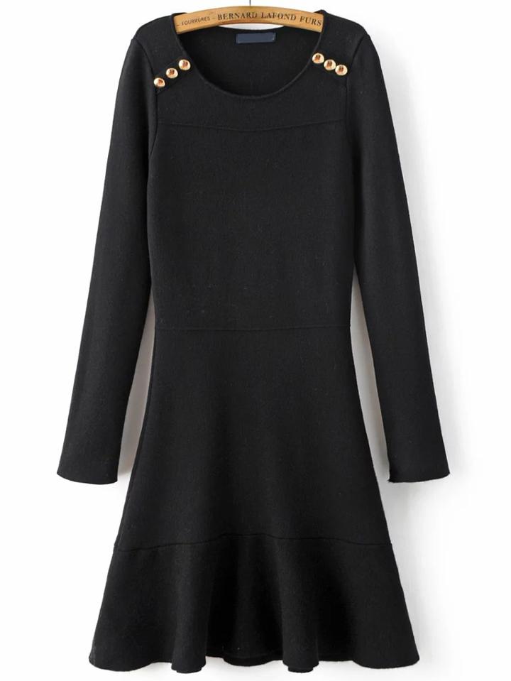Romwe Black Button Detail A Line Dress