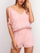 Romwe Pink Ruffle Split Sleeve Backless Romper