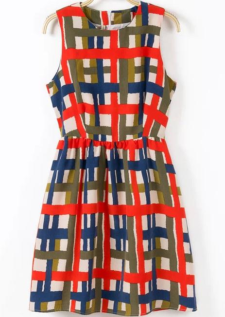 Romwe Sleeveless Plaid Flare Blue Dress