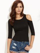 Romwe Black Open Shoulder Slim Fit T-shirt