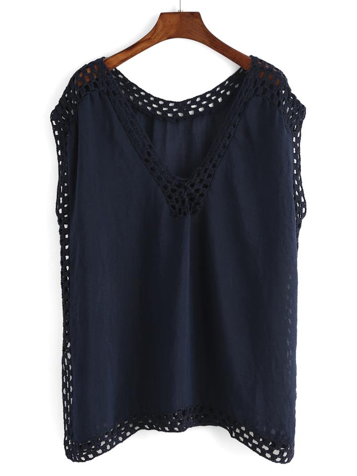 Romwe Navy V-neck Crochet Trimming Tunic Blouse