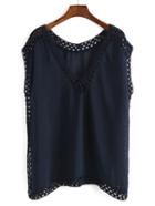 Romwe Navy V-neck Crochet Trimming Tunic Blouse