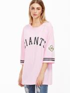 Romwe Pink Varsity Print Drop Shoulder T-shirt