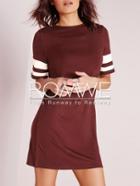 Romwe Burgundy Crew Neck Stripe Contrast T-shirt Dress