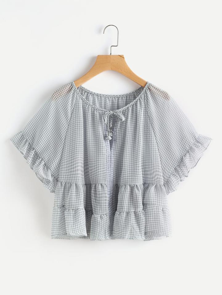 Romwe Gingham Self Tie Neck Frill Hem Top