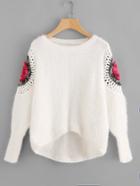 Romwe 3d Flower Crochet Sleeve Staggered Fluffy Jumper