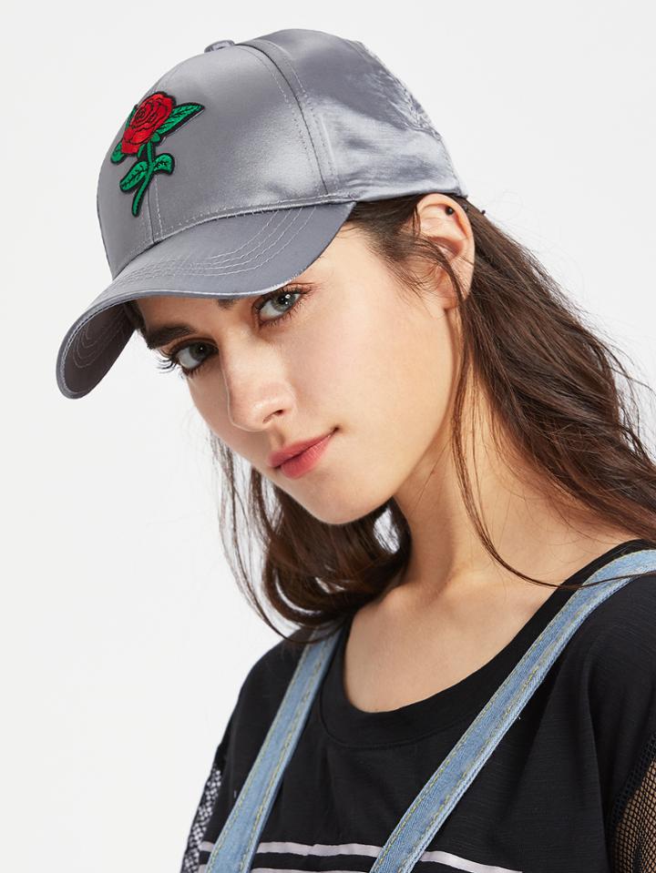Romwe Flower Embroidery Satin Baseball Cap