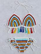 Romwe Multicolor Striped Fringe Hem Crochet Triangle Bikini Set