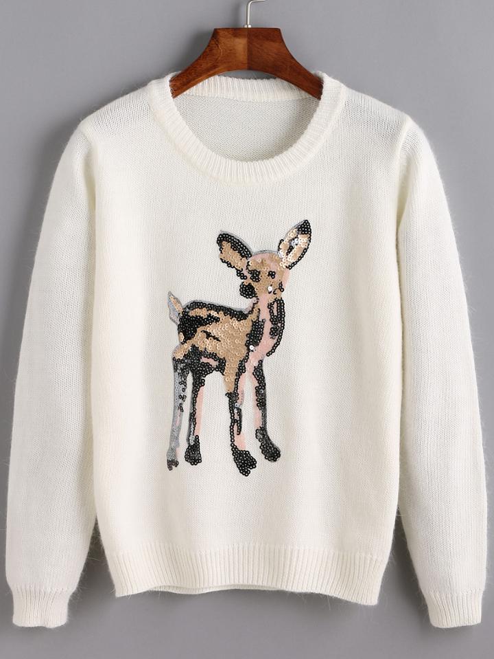 Romwe Deer Pattern Sequined White Jumper