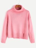 Romwe Pink Roll Neck Drop Shoulder Asymmetric Hem Sweater