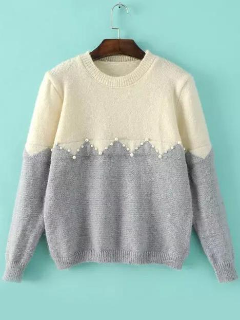 Romwe Long Sleeve Bead Grey Sweater