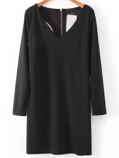 Romwe Black V Neck Cutout Back Zipper Dress
