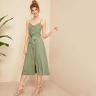 Romwe Self Belted Button Up Tea Cami Dress