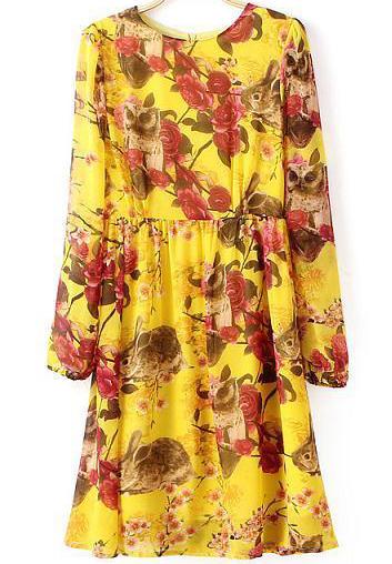 Romwe Yellow Long Sleeve Floral Pleated Chiffon Dress
