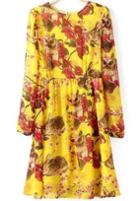 Romwe Yellow Long Sleeve Floral Pleated Chiffon Dress