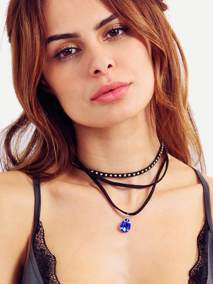 Romwe Multilayer Drop Gemstone Rivet Necklace