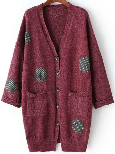 Romwe Polka Dot Buttons Pockets Long Burgundy Cardigan