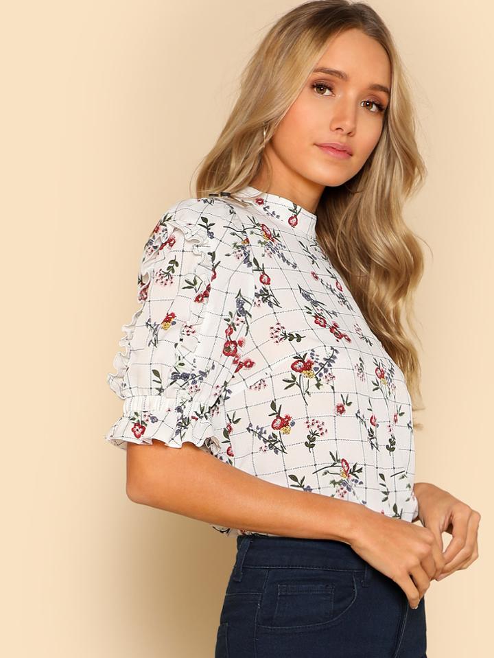 Romwe Frill Detail Mixed Print Top