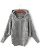 Romwe Grey Cable Knit Hooded Sweater