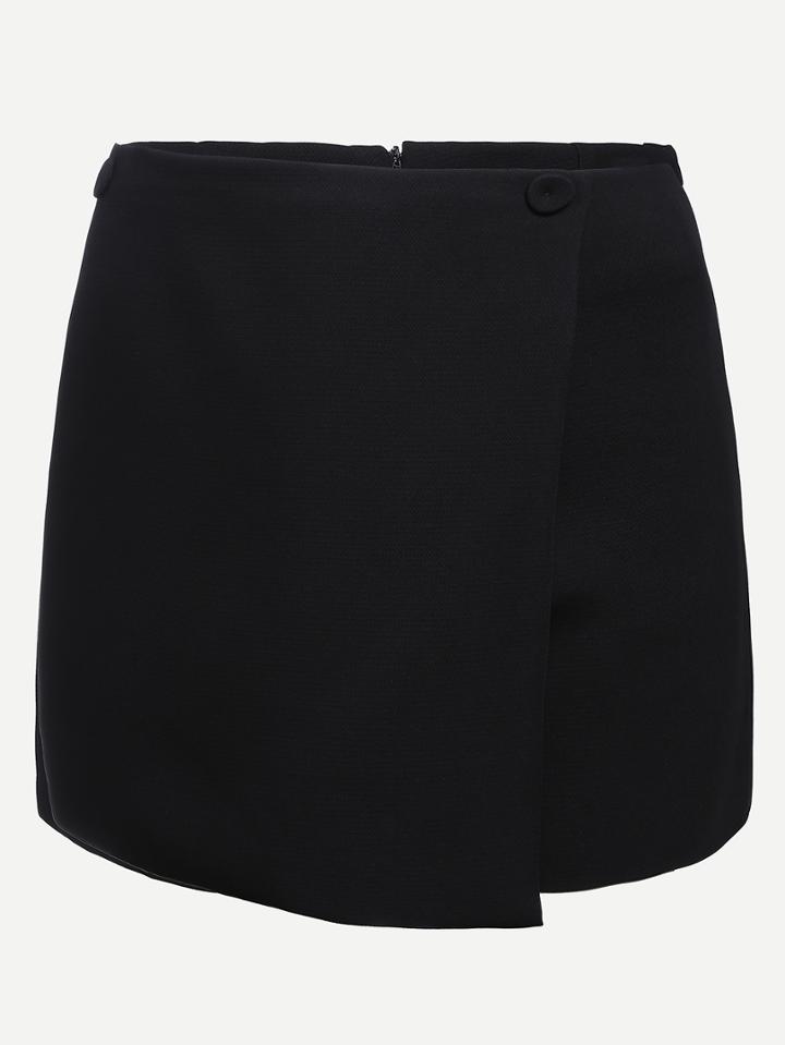 Romwe Black Wrap Skirt Shorts With Zipper