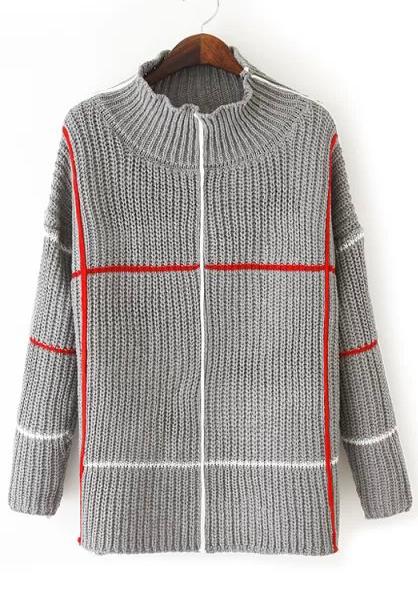 Romwe Check Print Loose Knit Grey Sweater