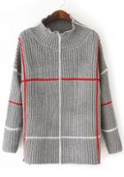 Romwe Check Print Loose Knit Grey Sweater