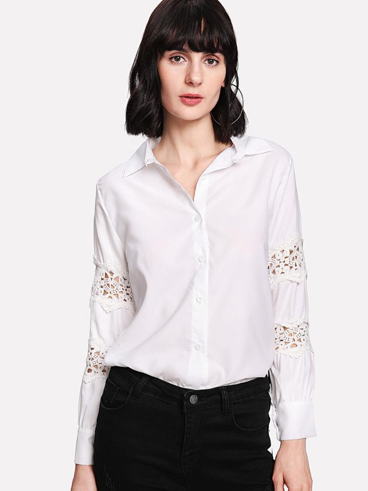 Romwe Lace Panel Single Breasted Shirt