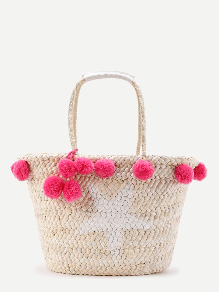 Romwe Pom Pom Straw Tote Bag